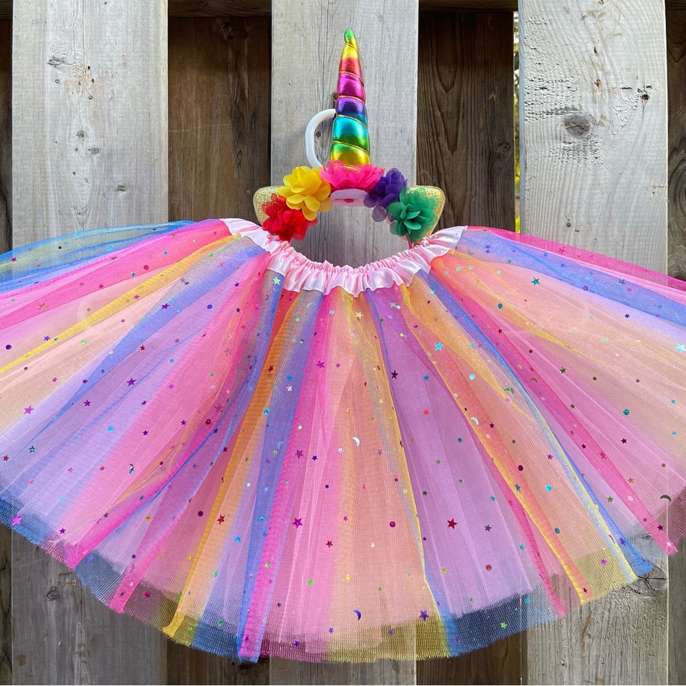 2 pcs set NEW Unicorn tutu hair band set 4 fully layer sparkle rainbow tutu